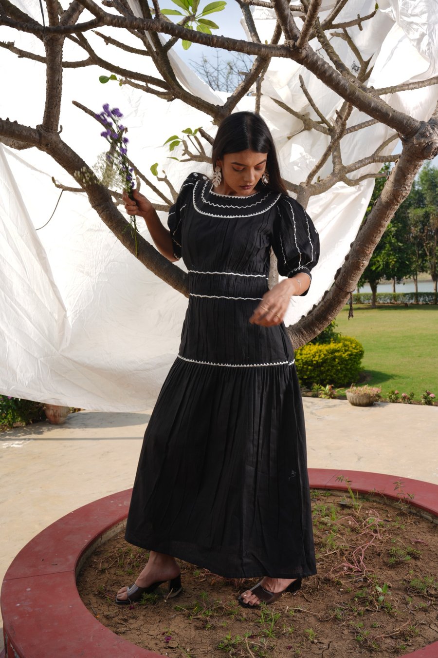 Black Linen Maxi Dress with Hand-Stitched Detailing