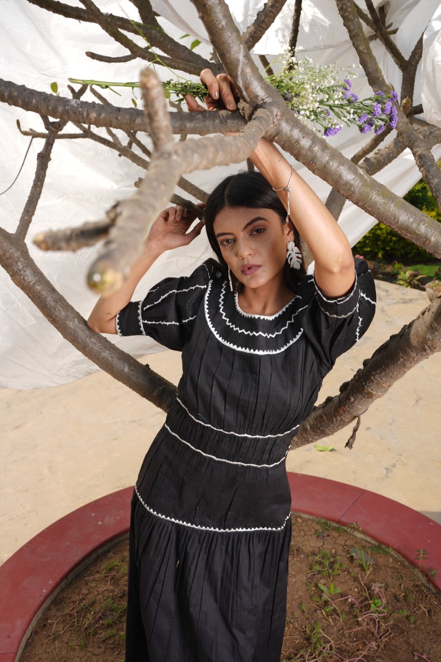 Black Linen Maxi Dress with Hand-Stitched Detailing