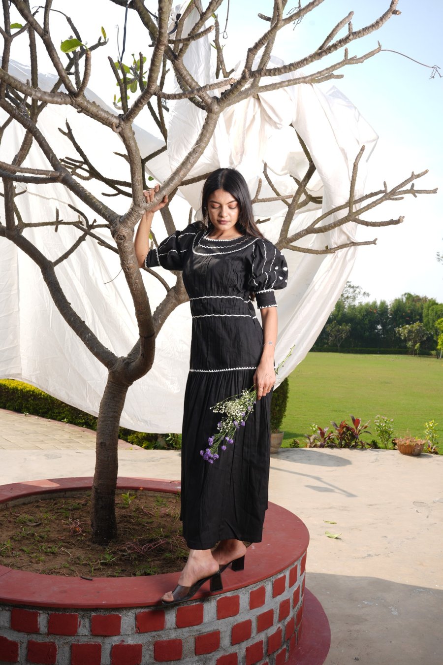 Black Linen Maxi Dress with Hand-Stitched Detailing