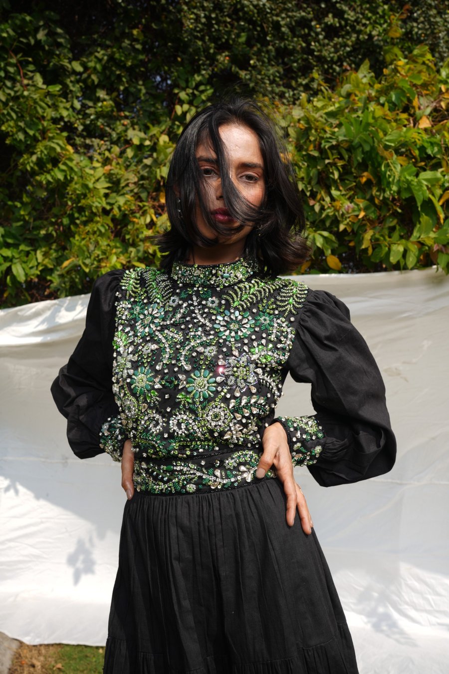 Black Linen Embellished Gown