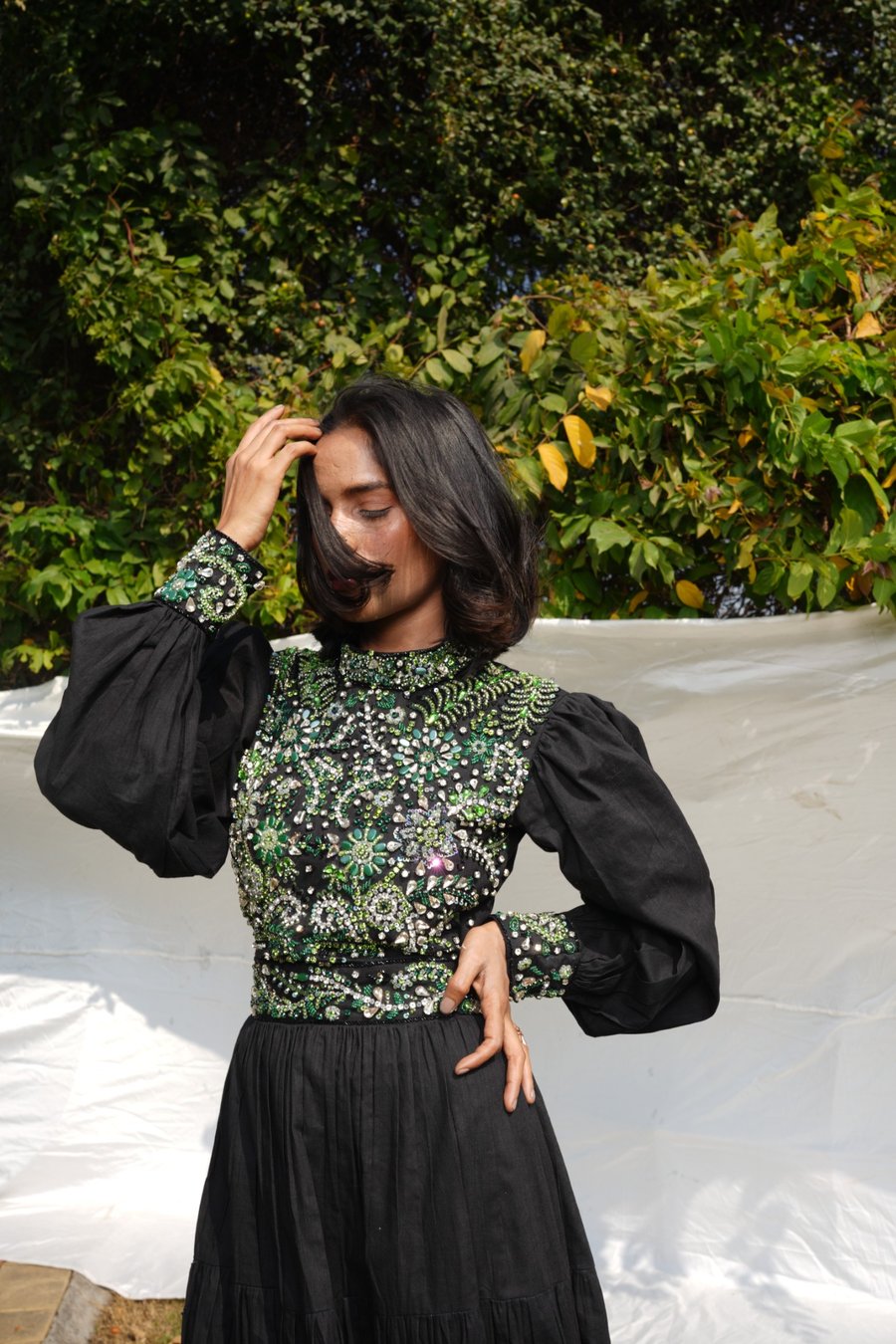 Black Linen Embellished Gown