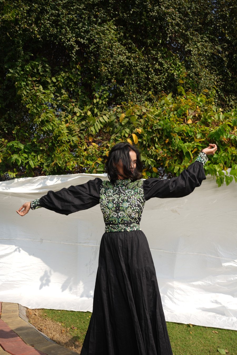 Black Linen Embellished Gown