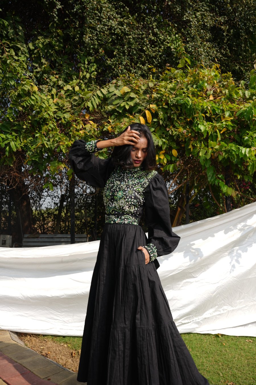 Black Linen Embellished Gown