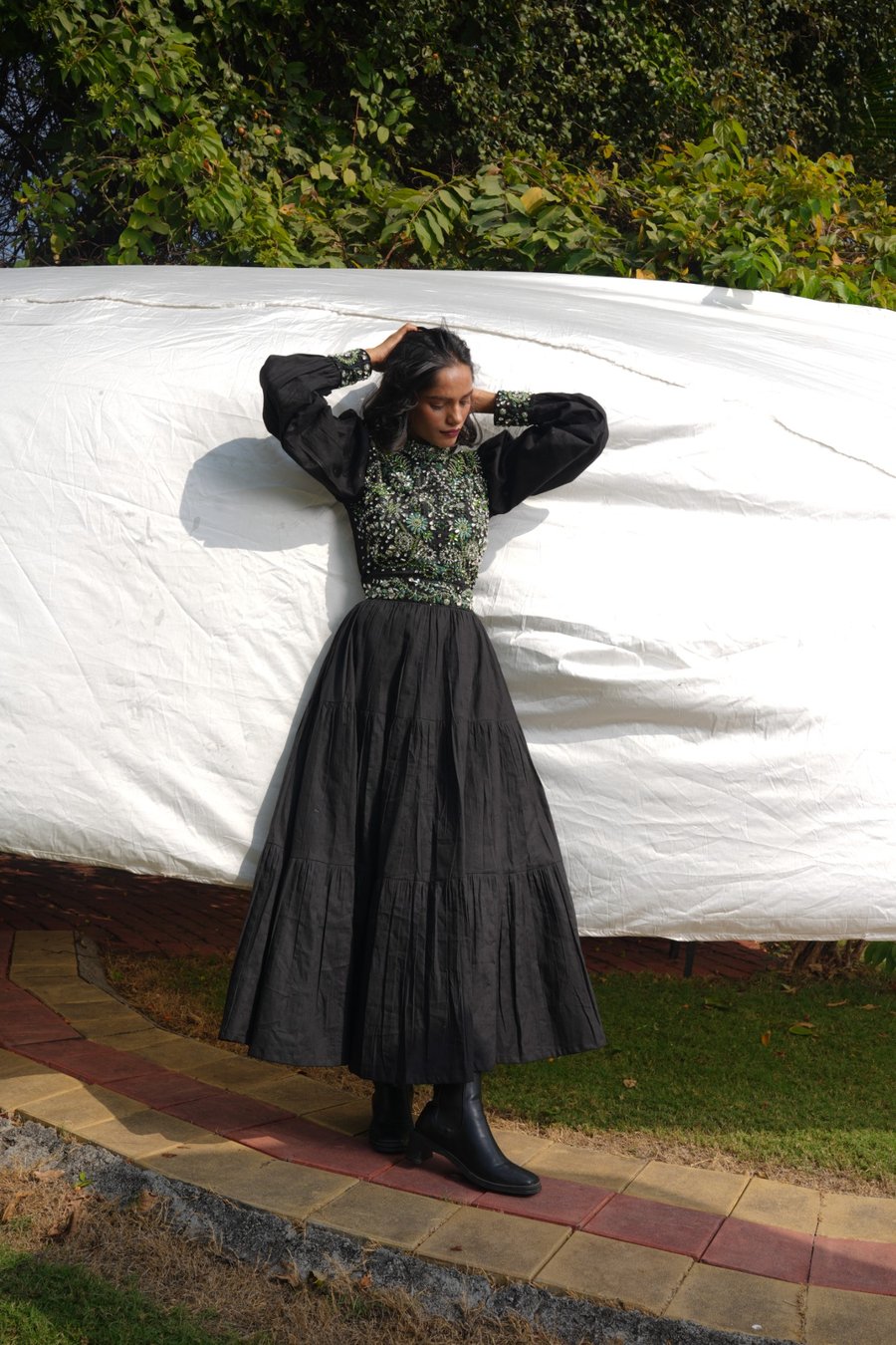 Black Linen Embellished Gown