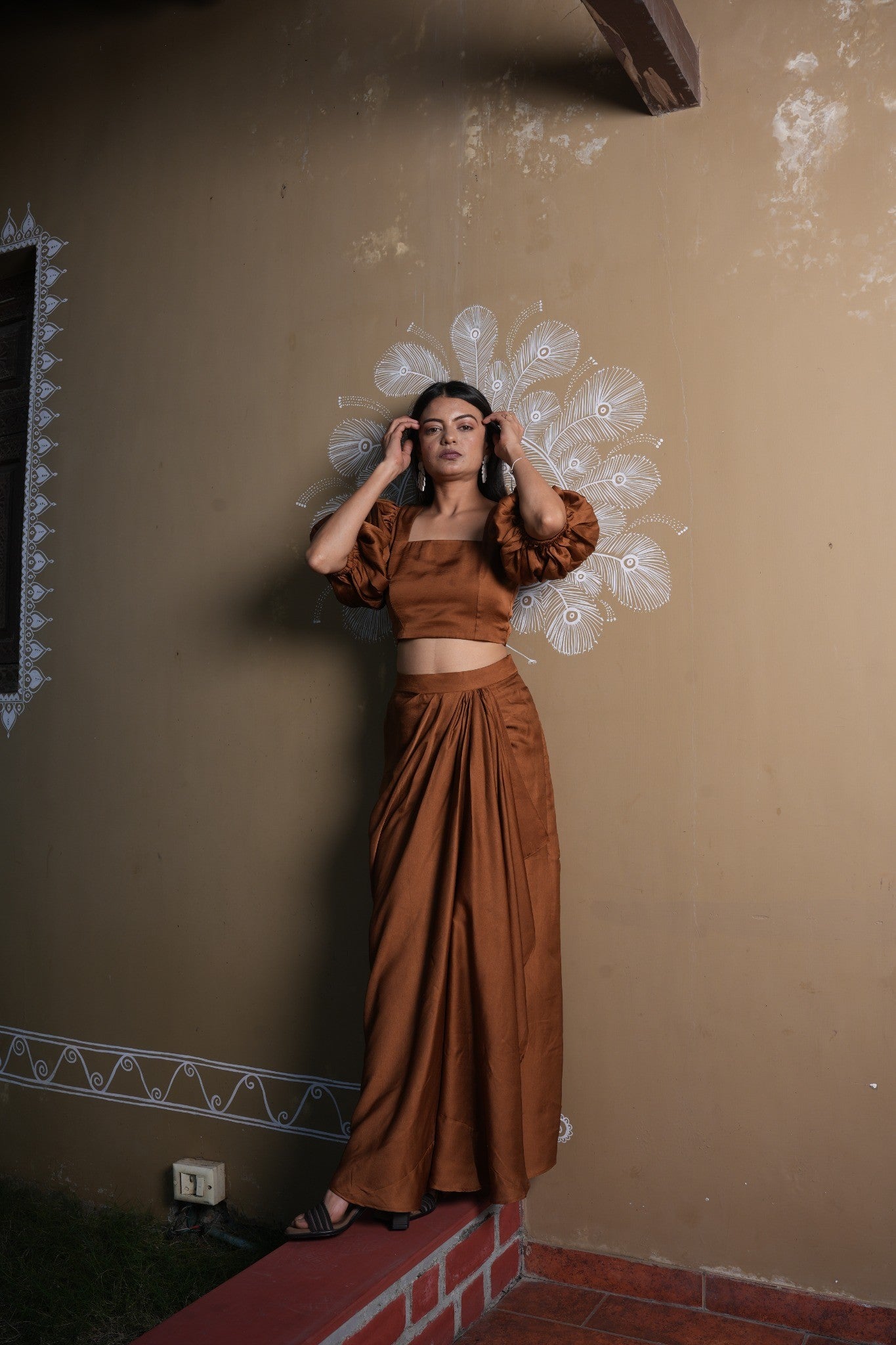 Rust Brown Satin Draped Set