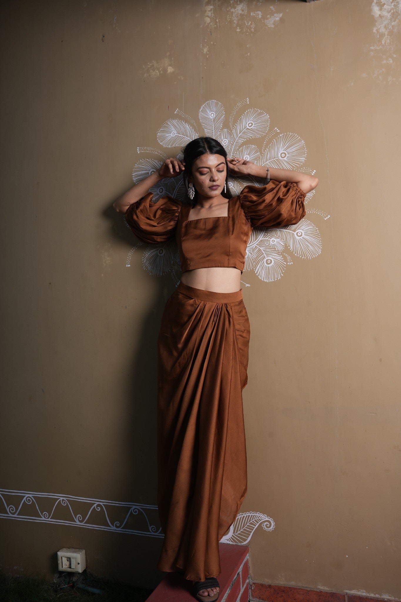 Rust Brown Satin Draped Set