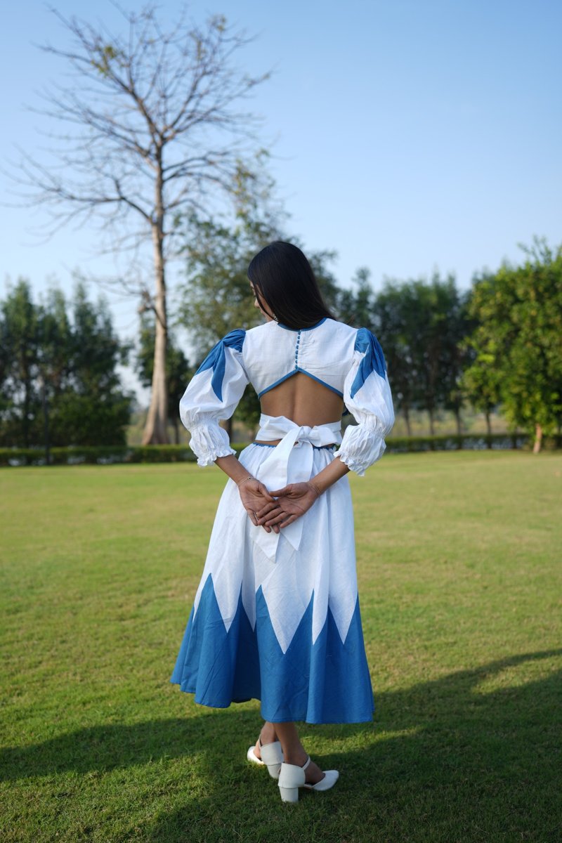 Blue Geometric Cut-Out Linen Dress