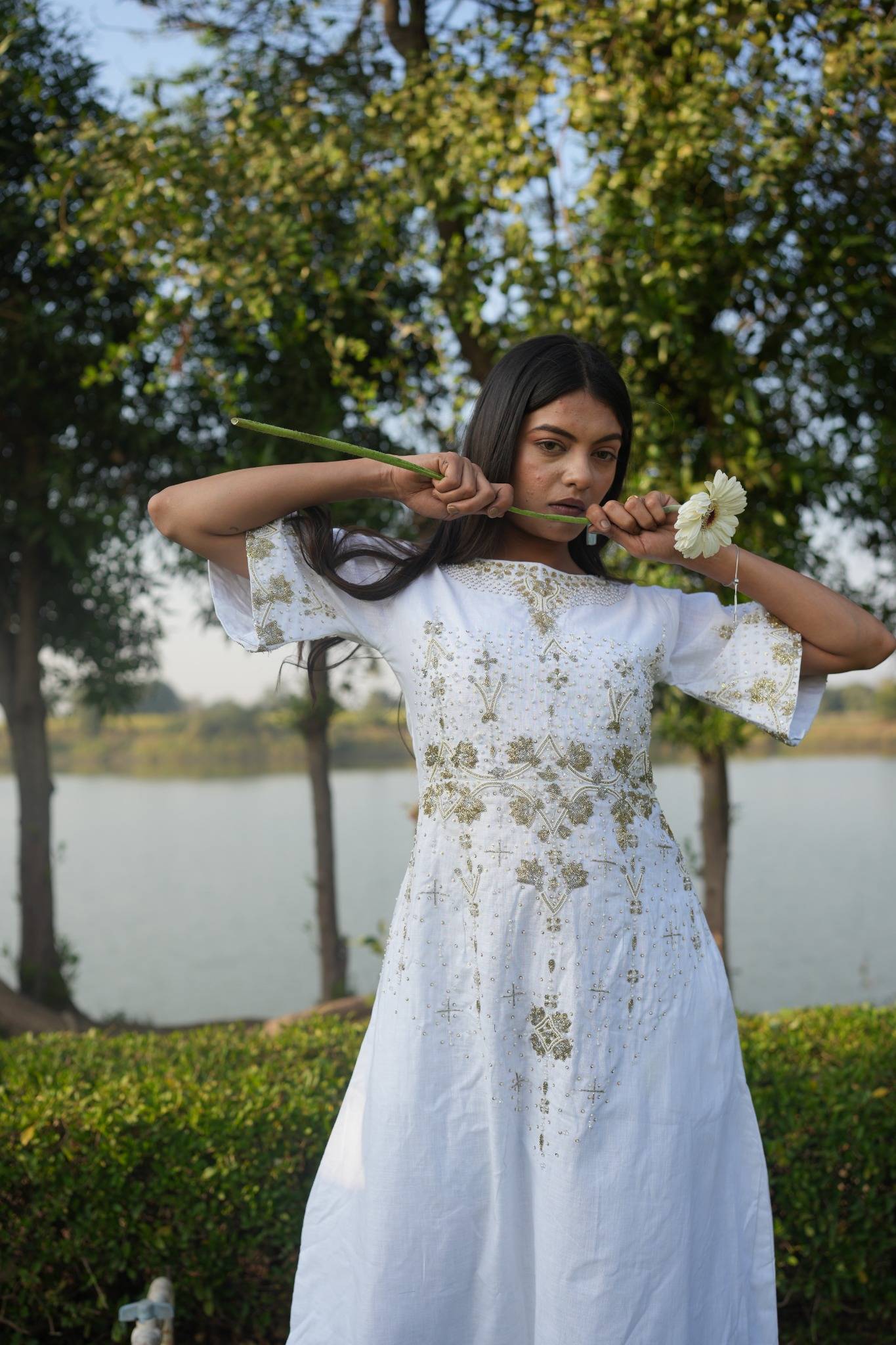 White and Gold Embellished Linen Cotton Dress