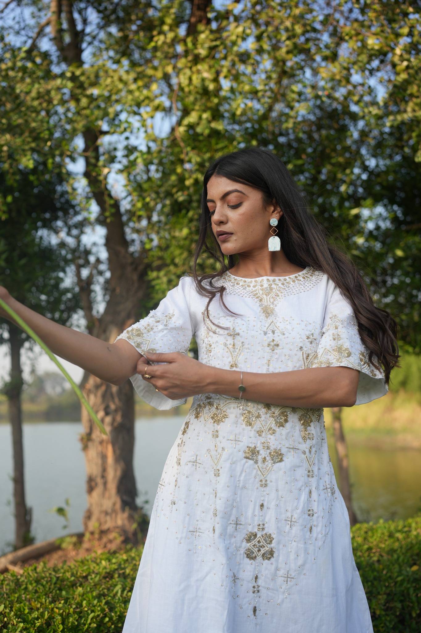 White and Gold Embellished Linen Cotton Dress