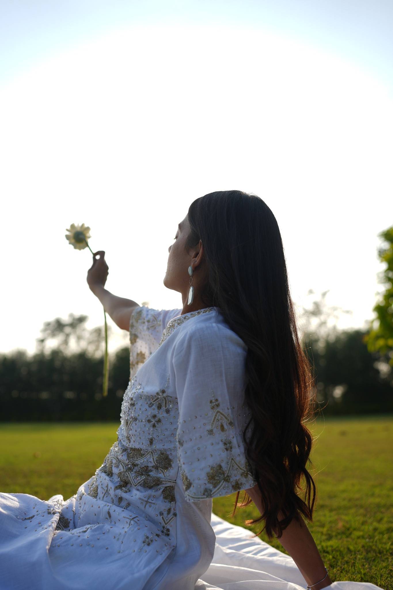 White and Gold Embellished Linen Cotton Dress