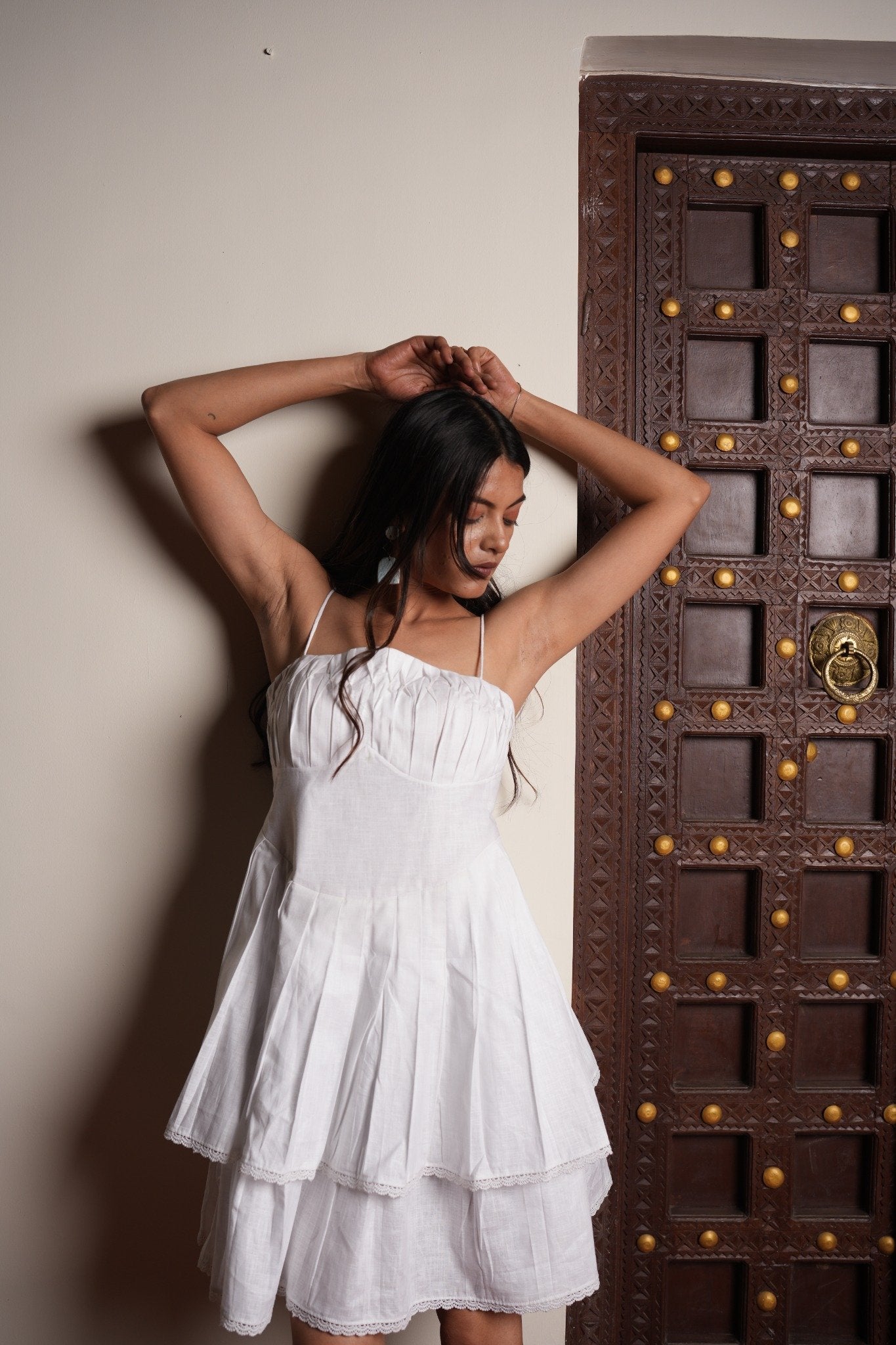 White Linen Pleated Shirt Dress