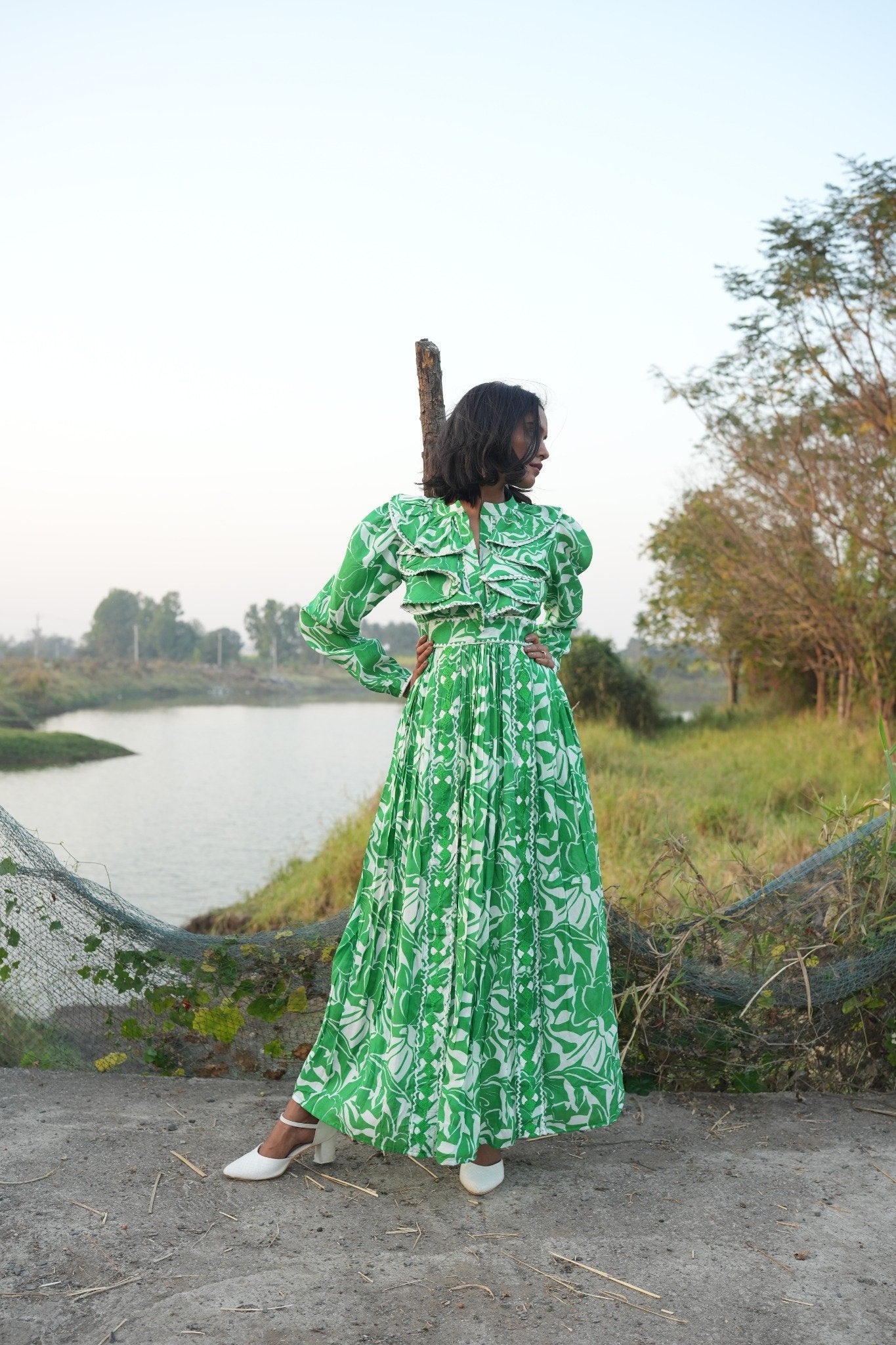 Green Printed Maxi Dress with Embroidery – A Fusion of Elegance & Comfort