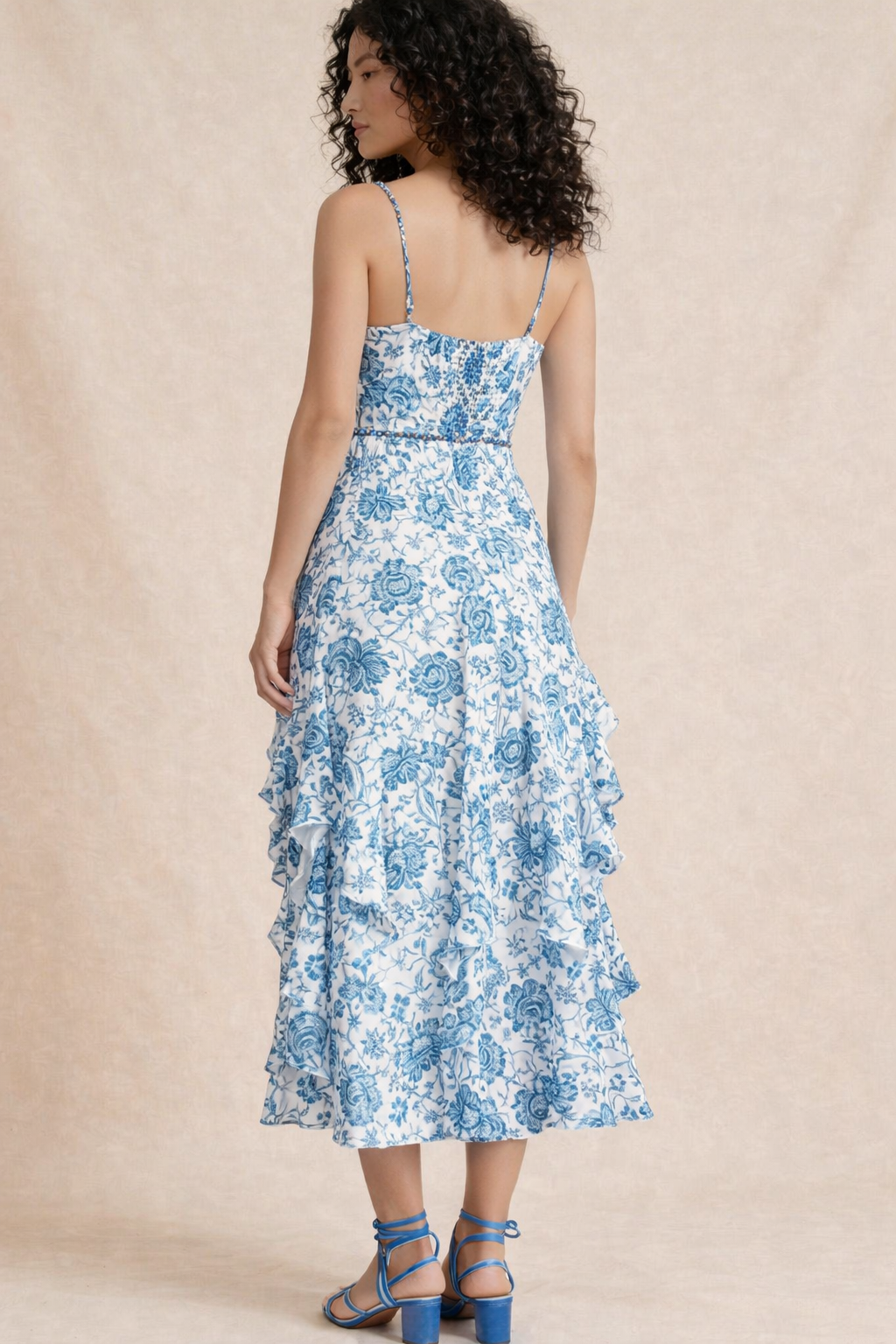 Blue Floral Cut-Out Ruffle Maxi Dress
