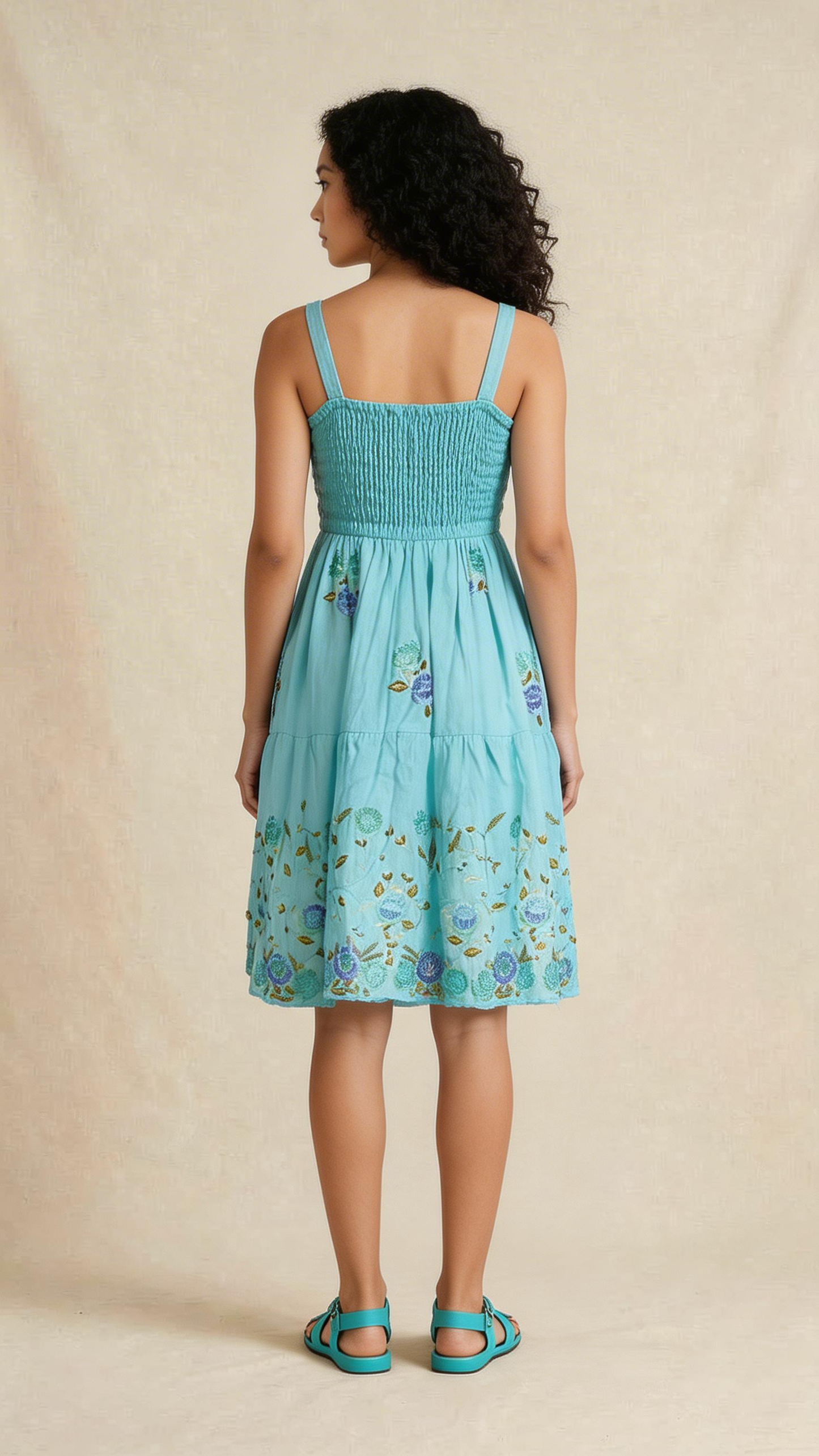 Mint Floral Embroidered Sleeveless Linen Dress