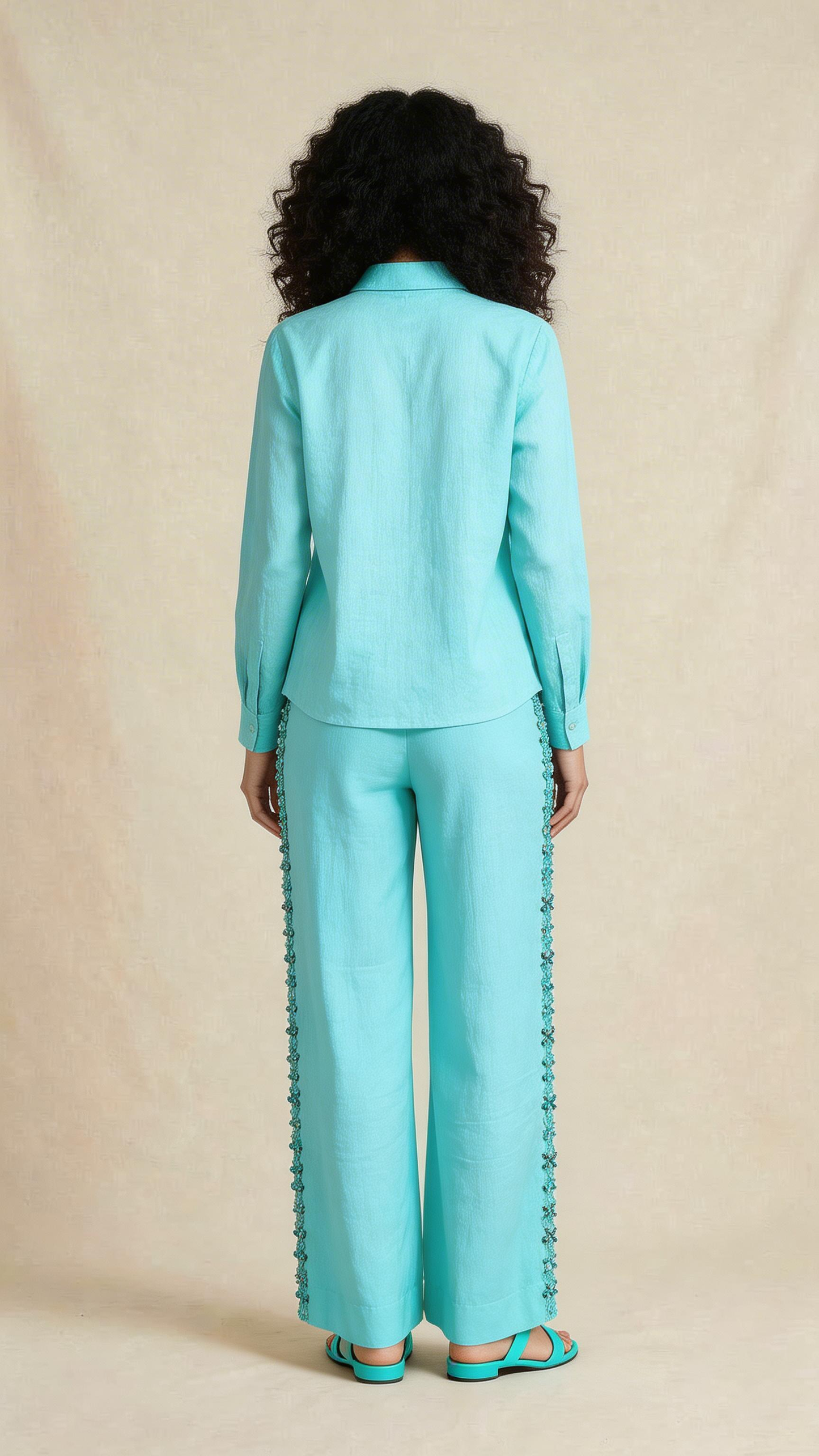 Aqua Bloom Embellished Linen Co-Ord Set