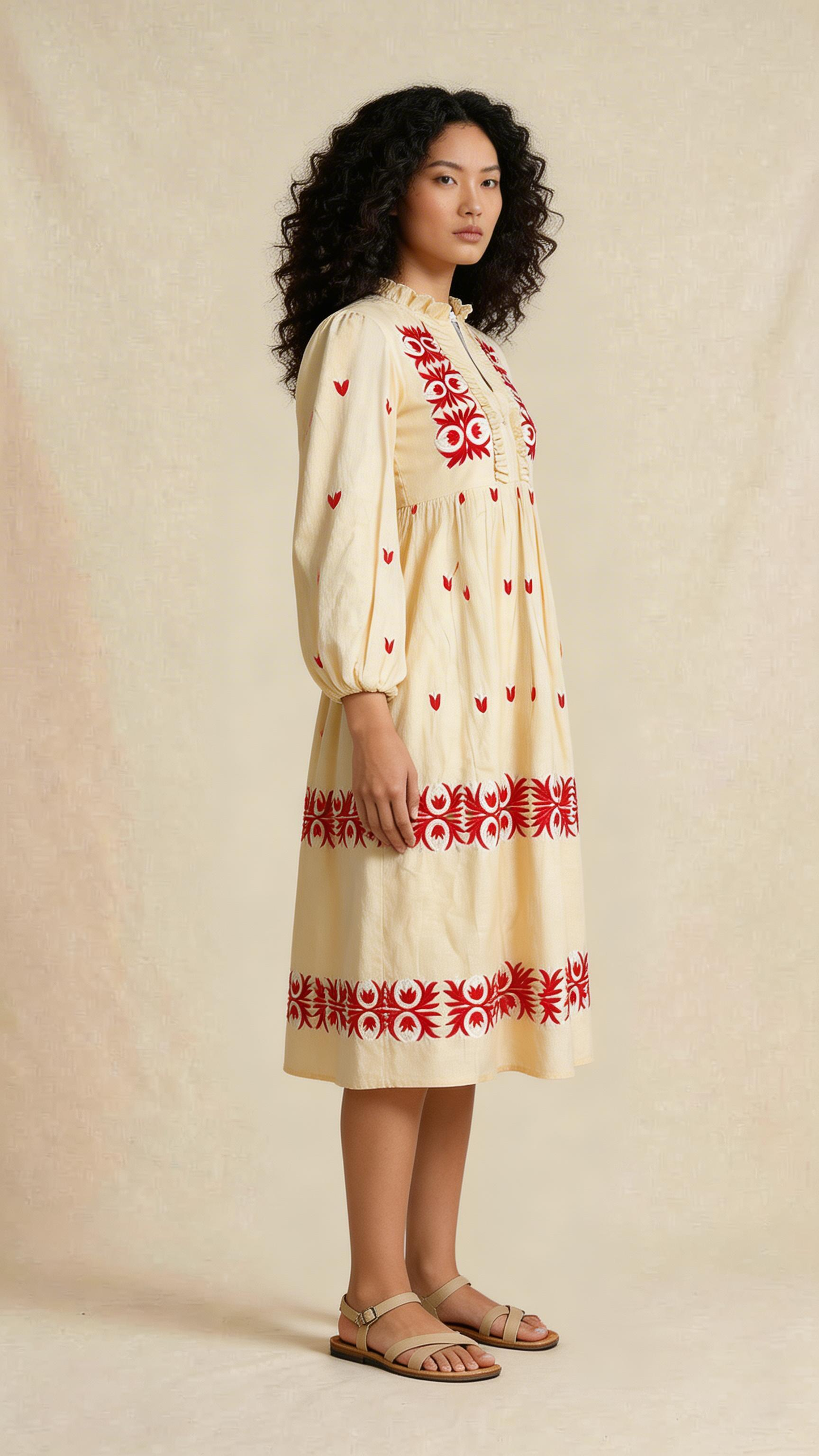 Cream Midi Dress with Red Folk-Inspired Embroidery