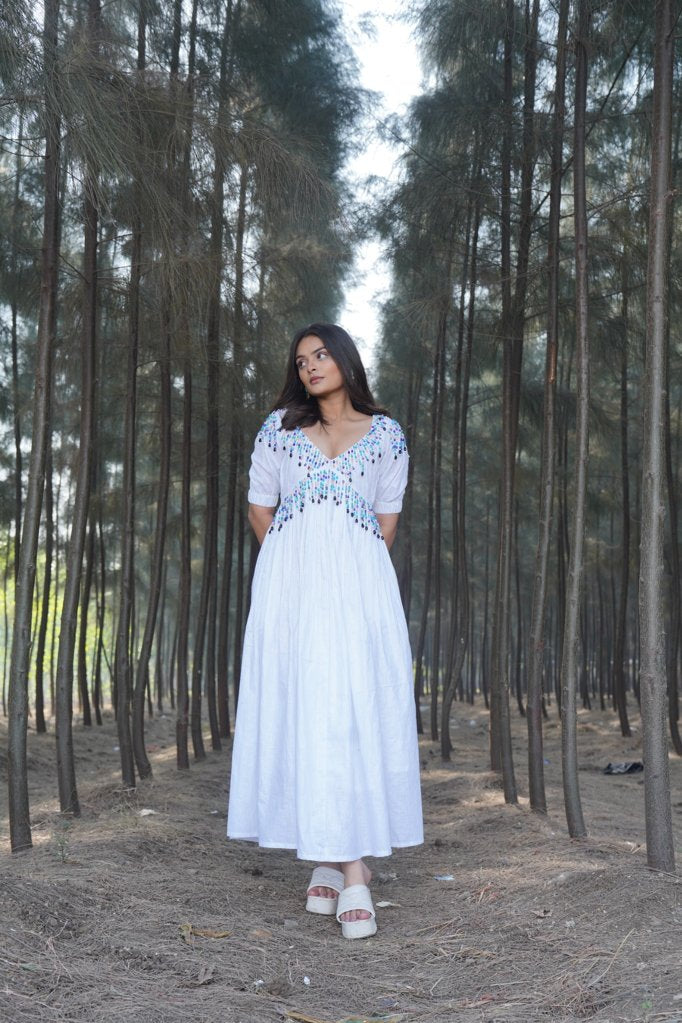 White Line Embellished Dress with Vibrant Beading