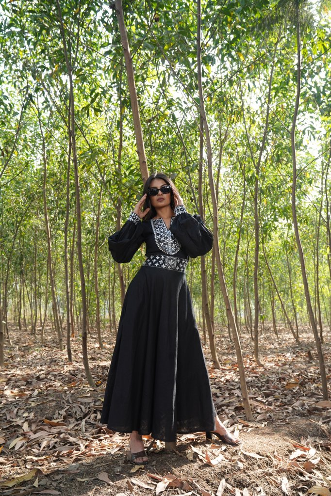 Black Embellished Cotton Linen Dress