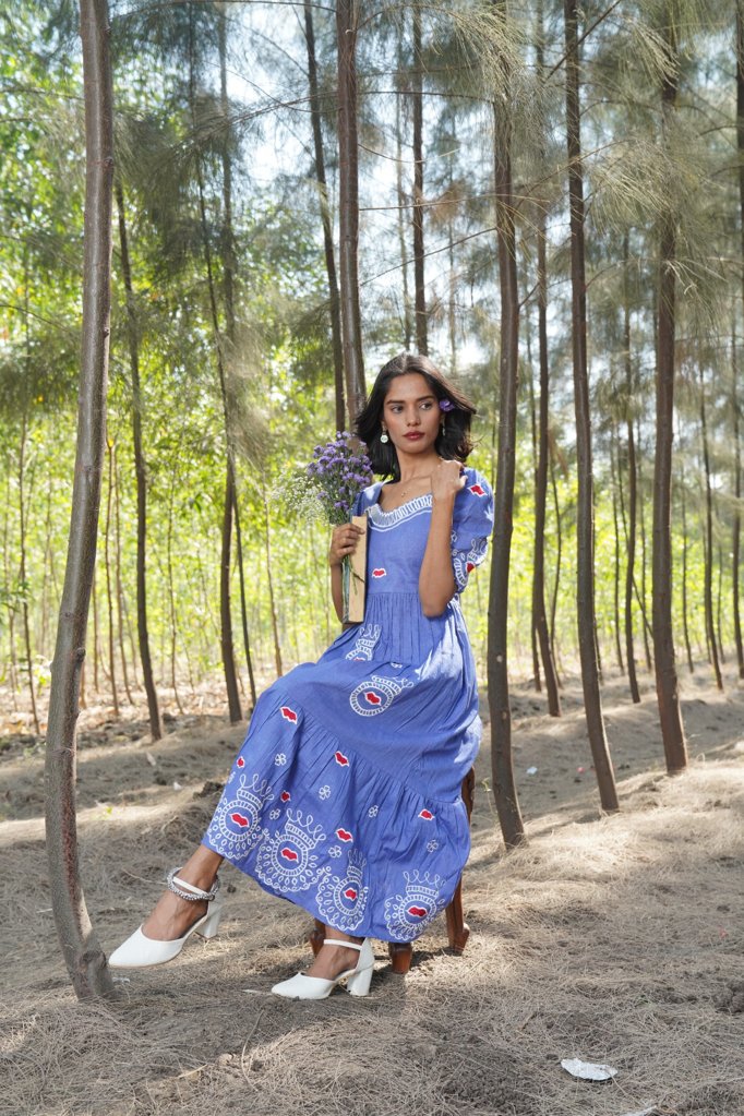 Bohemian Blue: Embroidered Tiered Dress with Puff Sleeves