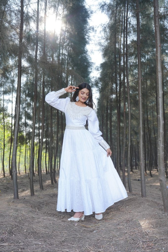 Elegant White Embellished Dress with Puff Sleeves