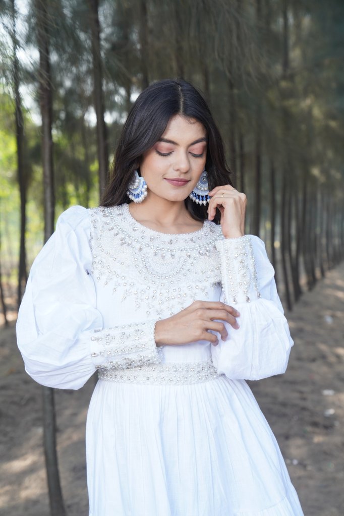 Elegant White Embellished Dress with Puff Sleeves