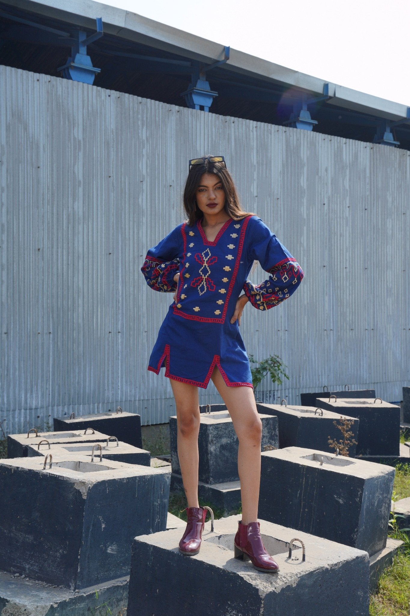 Boho-Chic Blue Embroidered Dress with V-Neckline