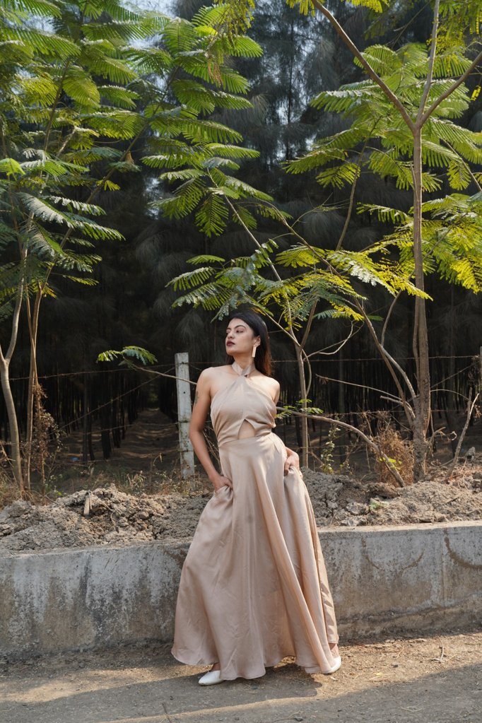 Elegant Beige Halter-Neck Dress with Waist Cut-Out