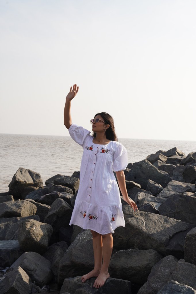 Boho Chic: White Embroidered Dress with Floral Detailing