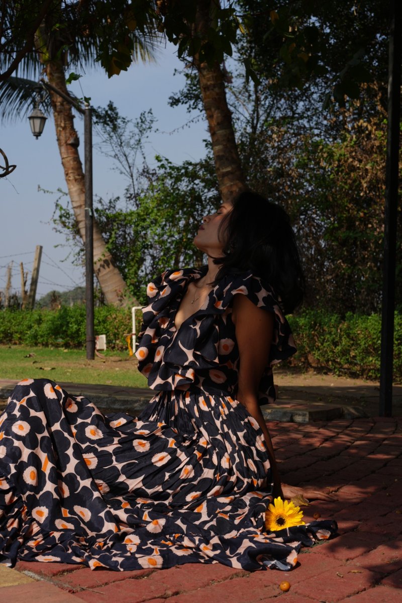 Navy Floral Ruffle Maxi Dress