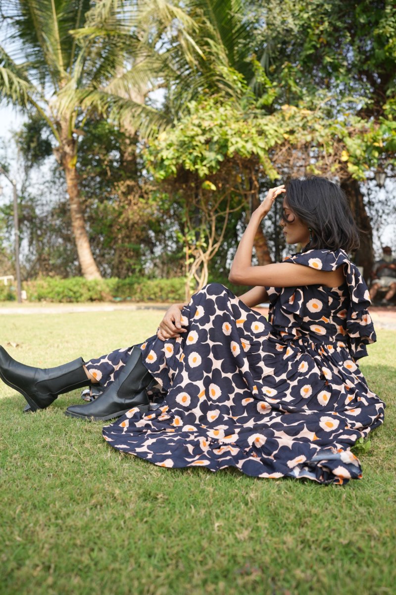 Navy Floral Ruffle Maxi Dress