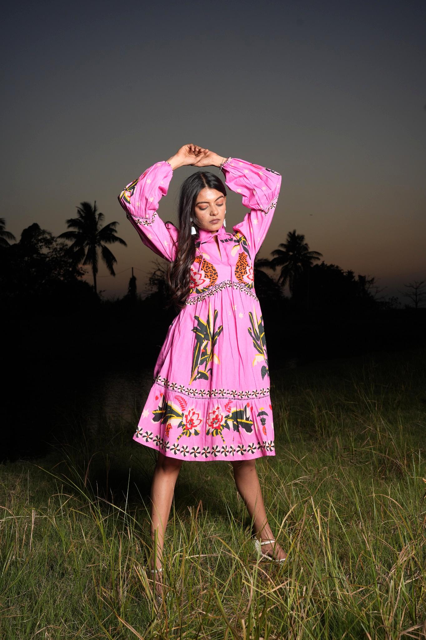 Vibrant Pink Cotton Printed Dress