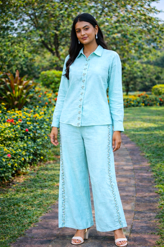 Aqua Bloom Embellished Linen Co-Ord Set