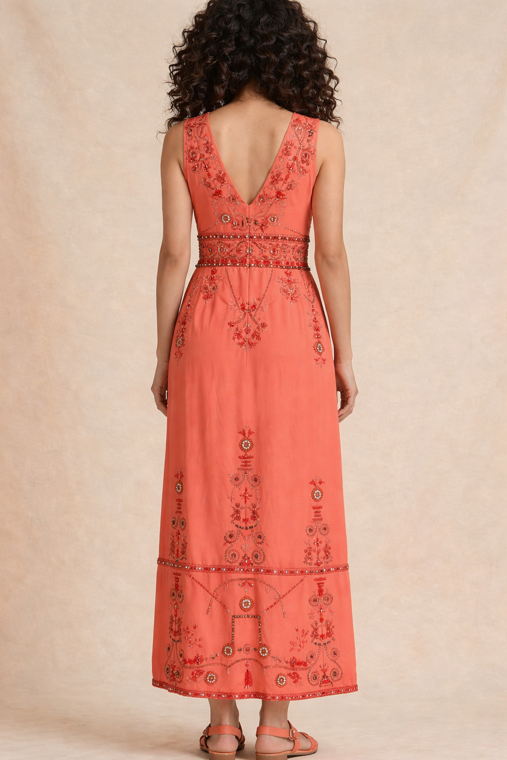 Coral Embroidered Sleeveless Dress