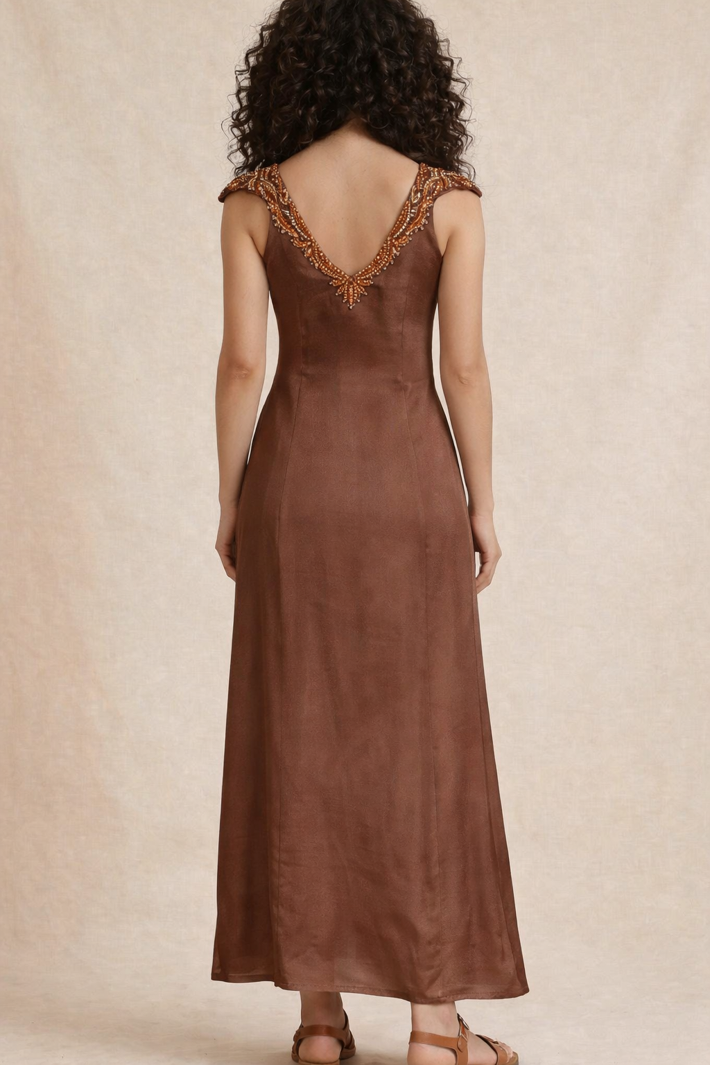 Brown Embellished Strap Maxi Dress