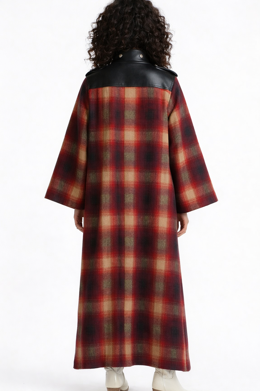Red Plaid Long Coat with Contrast Trim