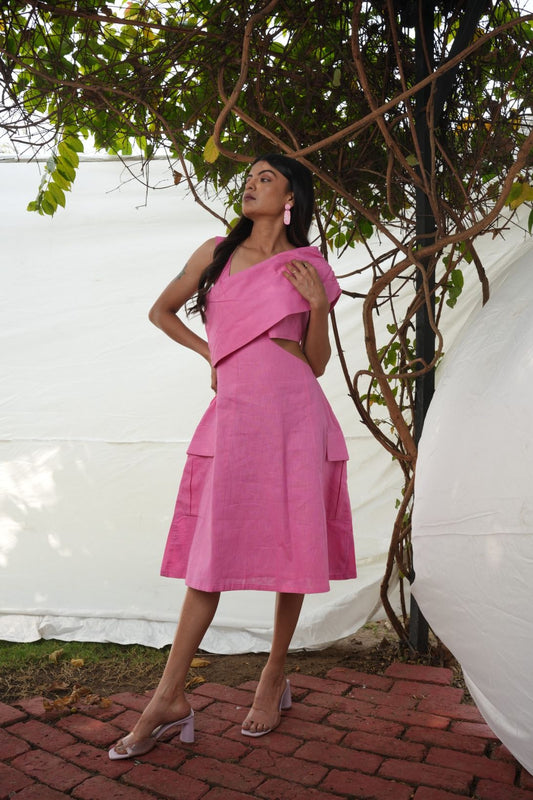 Pink Linen Asymmetrical Dress Description