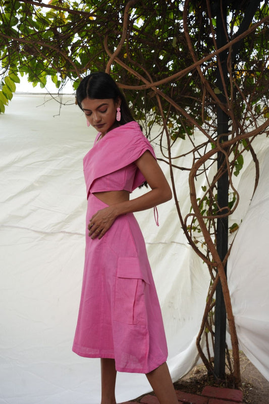 Pink Linen Asymmetrical Dress Description