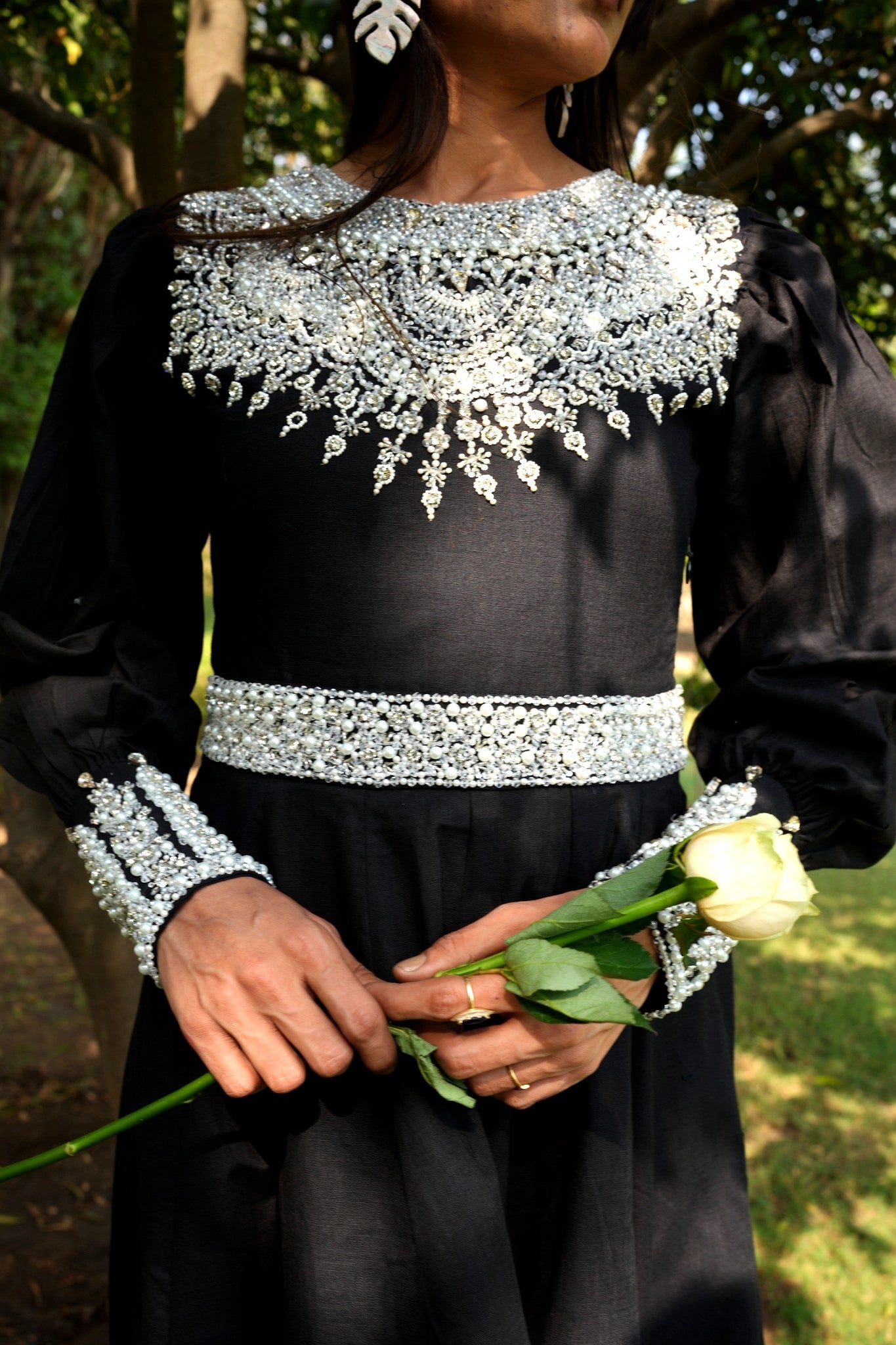 Black Linen Embellished Gown
