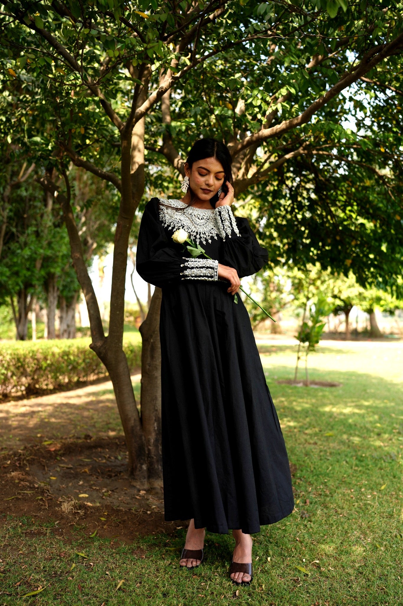 Black Linen Embellished Gown