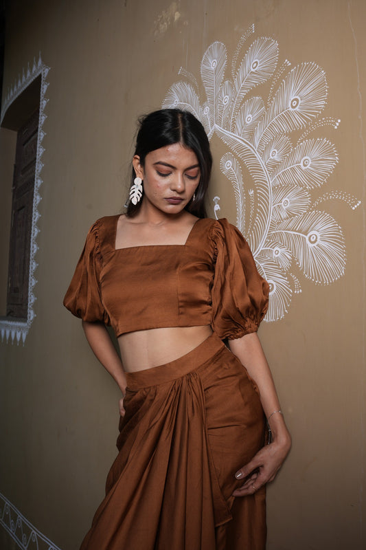 Rust Brown Satin Draped Set
