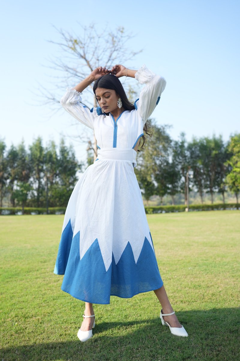 Blue Geometric Cut-Out Linen Dress