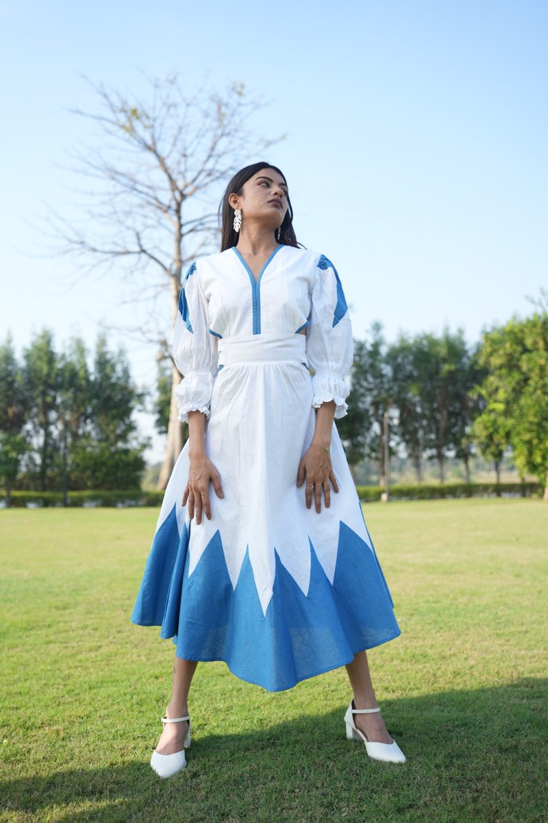 Blue Geometric Cut-Out Linen Dress