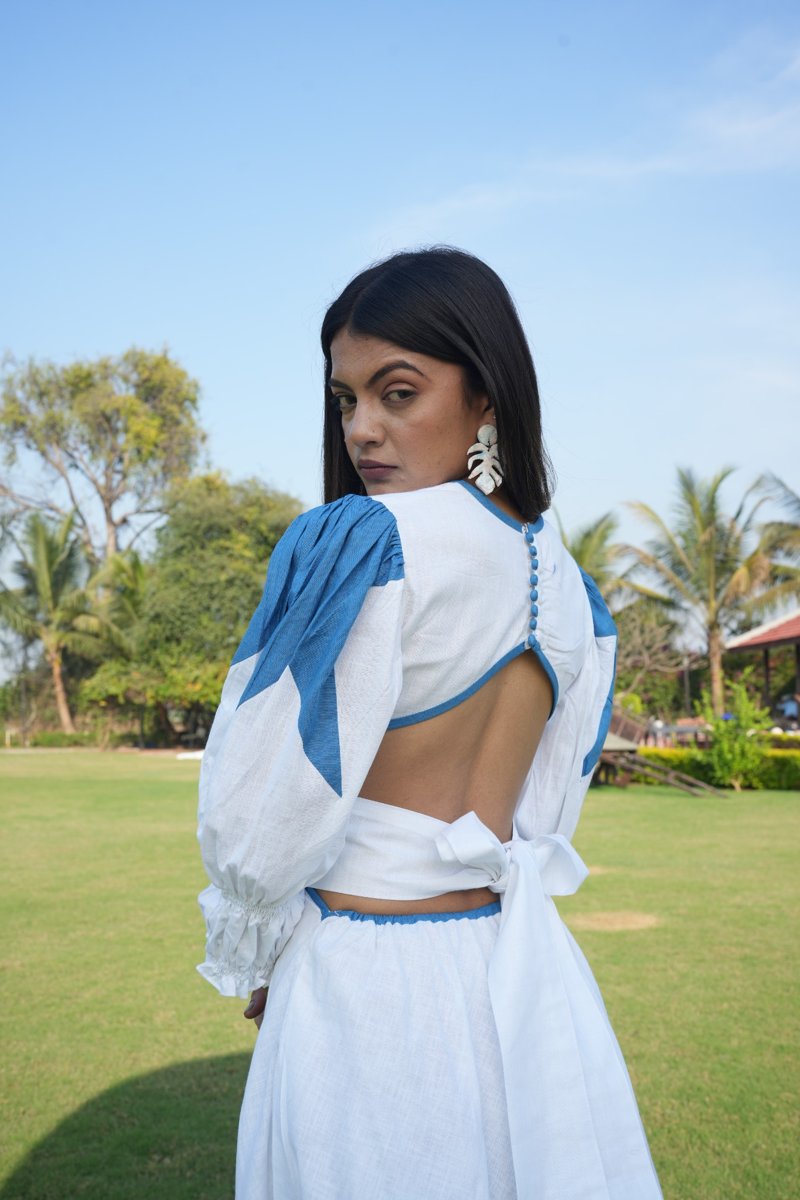 Blue Geometric Cut-Out Linen Dress