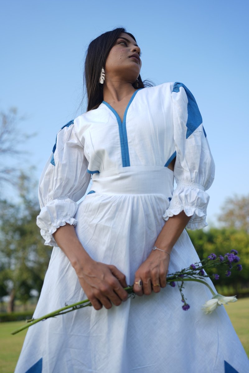 Blue Geometric Cut-Out Linen Dress