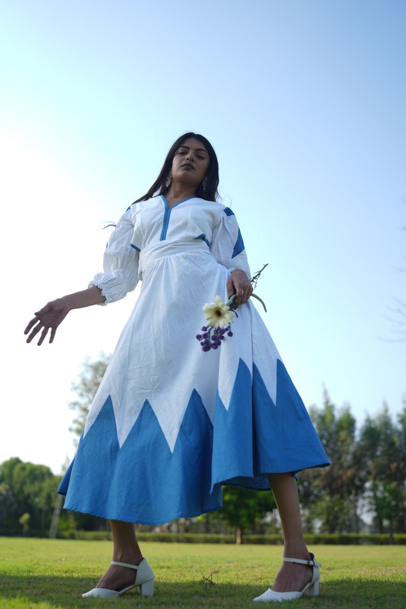 Blue Geometric Cut-Out Linen Dress
