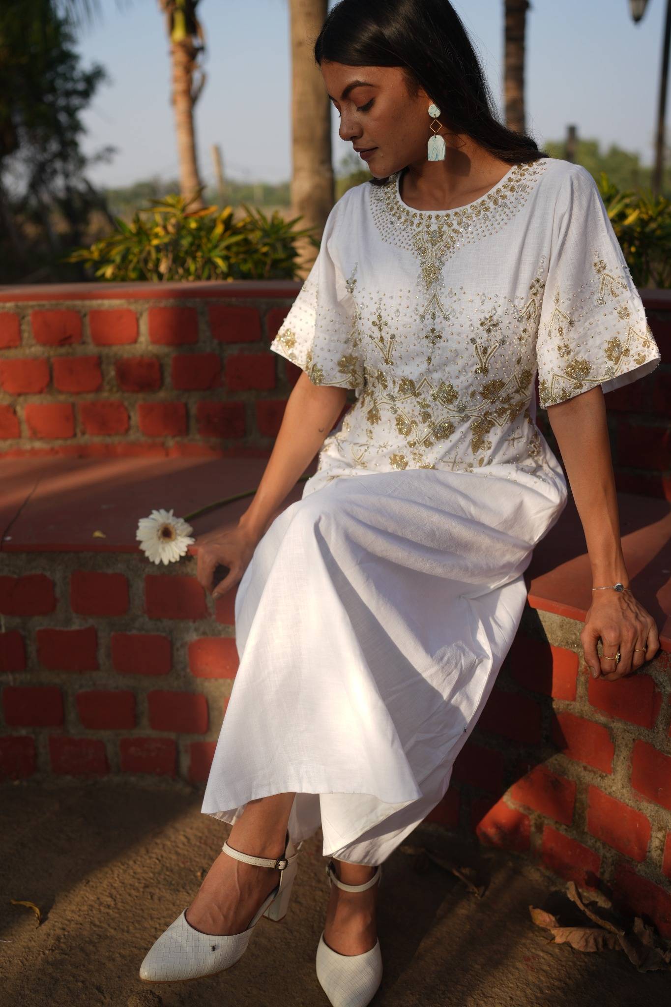 White and Gold Embellished Linen Cotton Dress