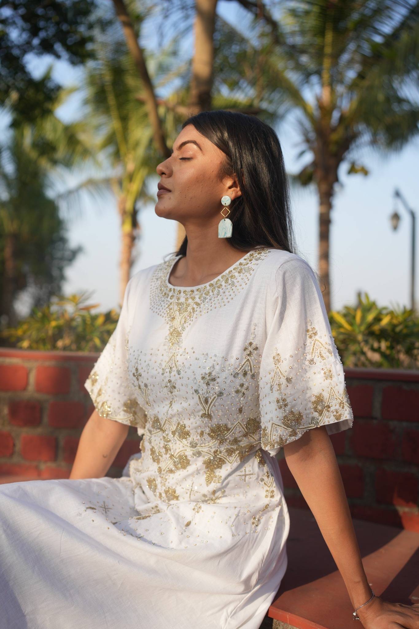 White and Gold Embellished Linen Cotton Dress