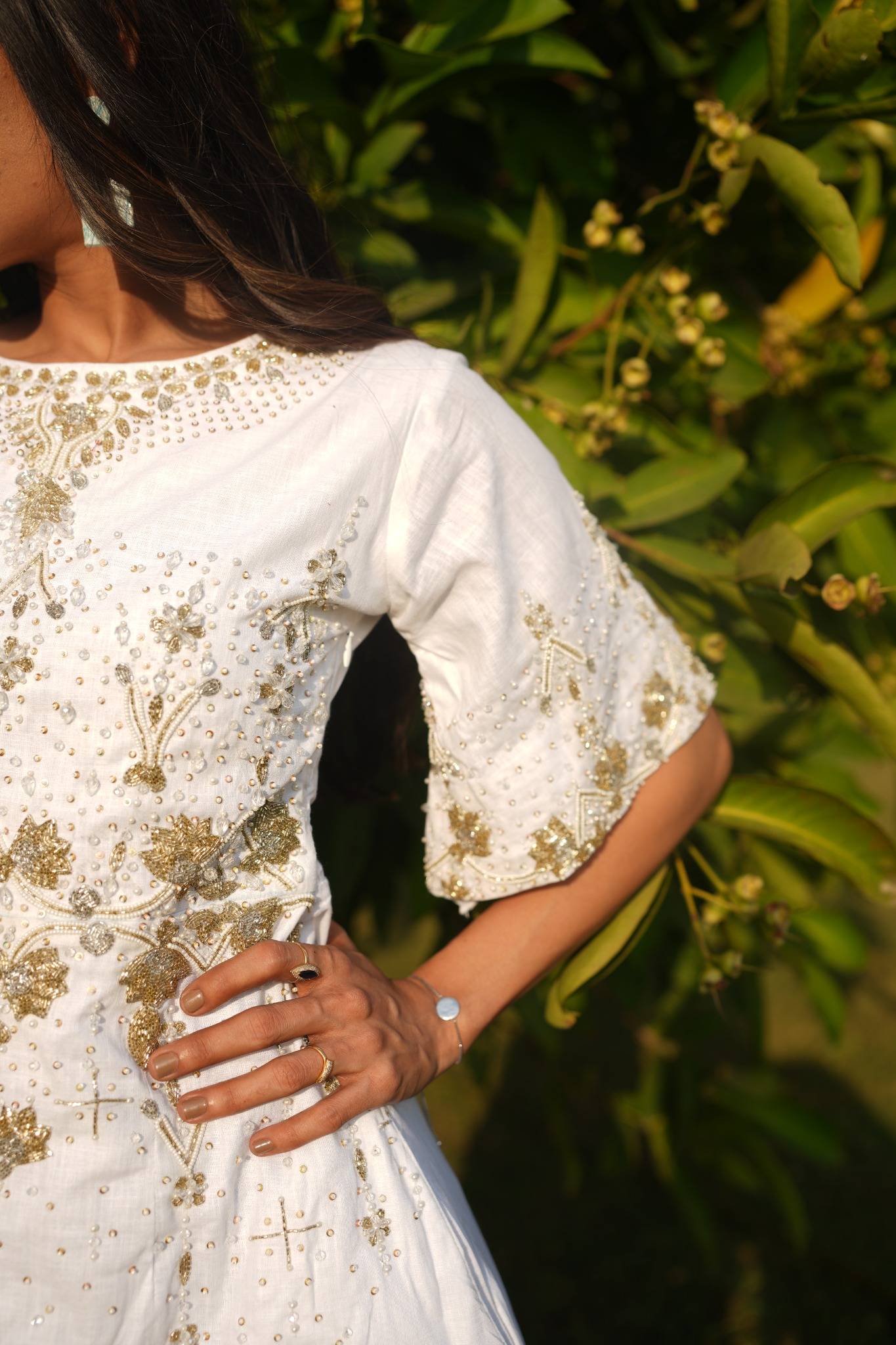 White and Gold Embellished Linen Cotton Dress