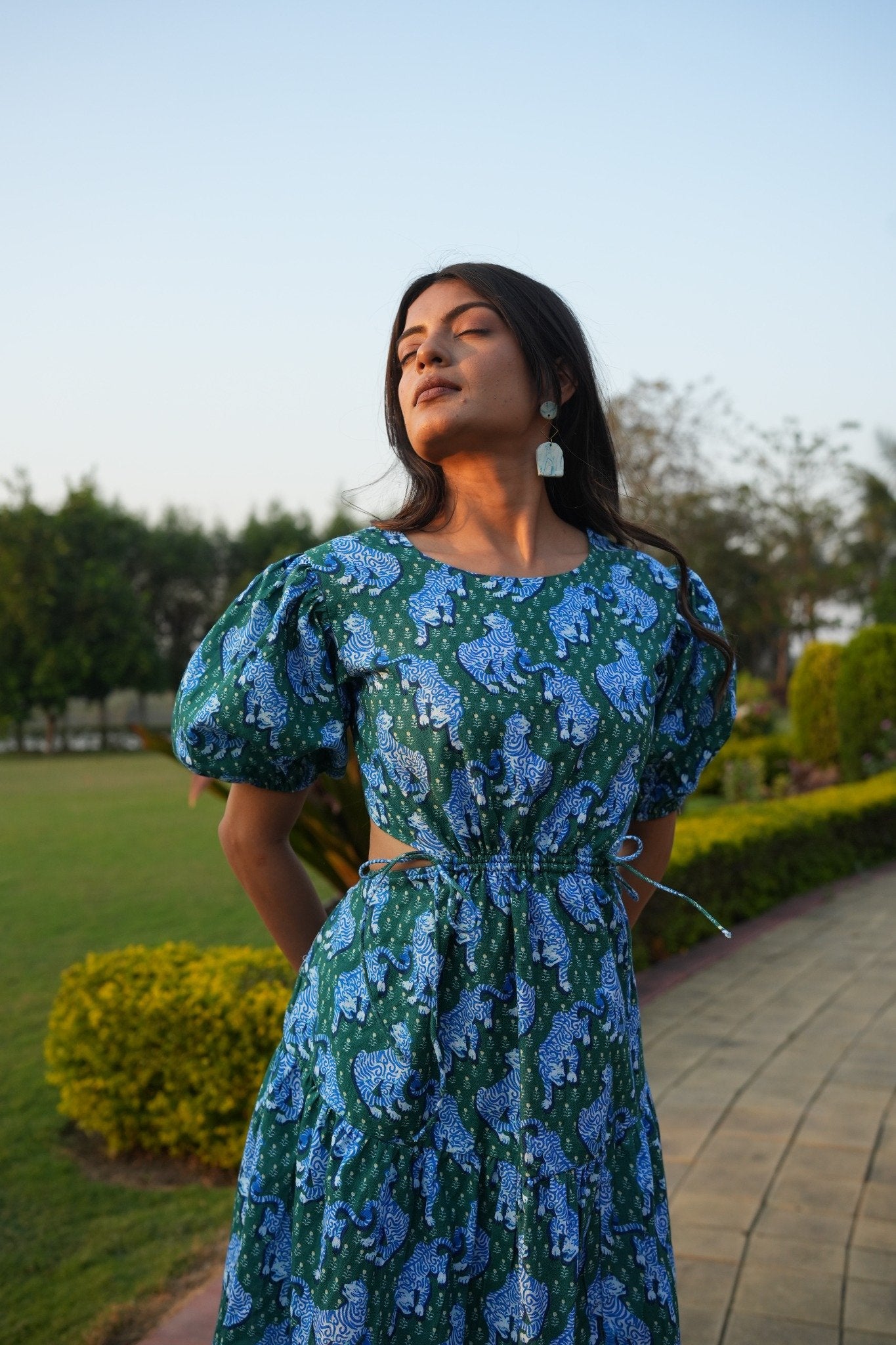 Green Tiger Print Muslin Flared Maxi Dress