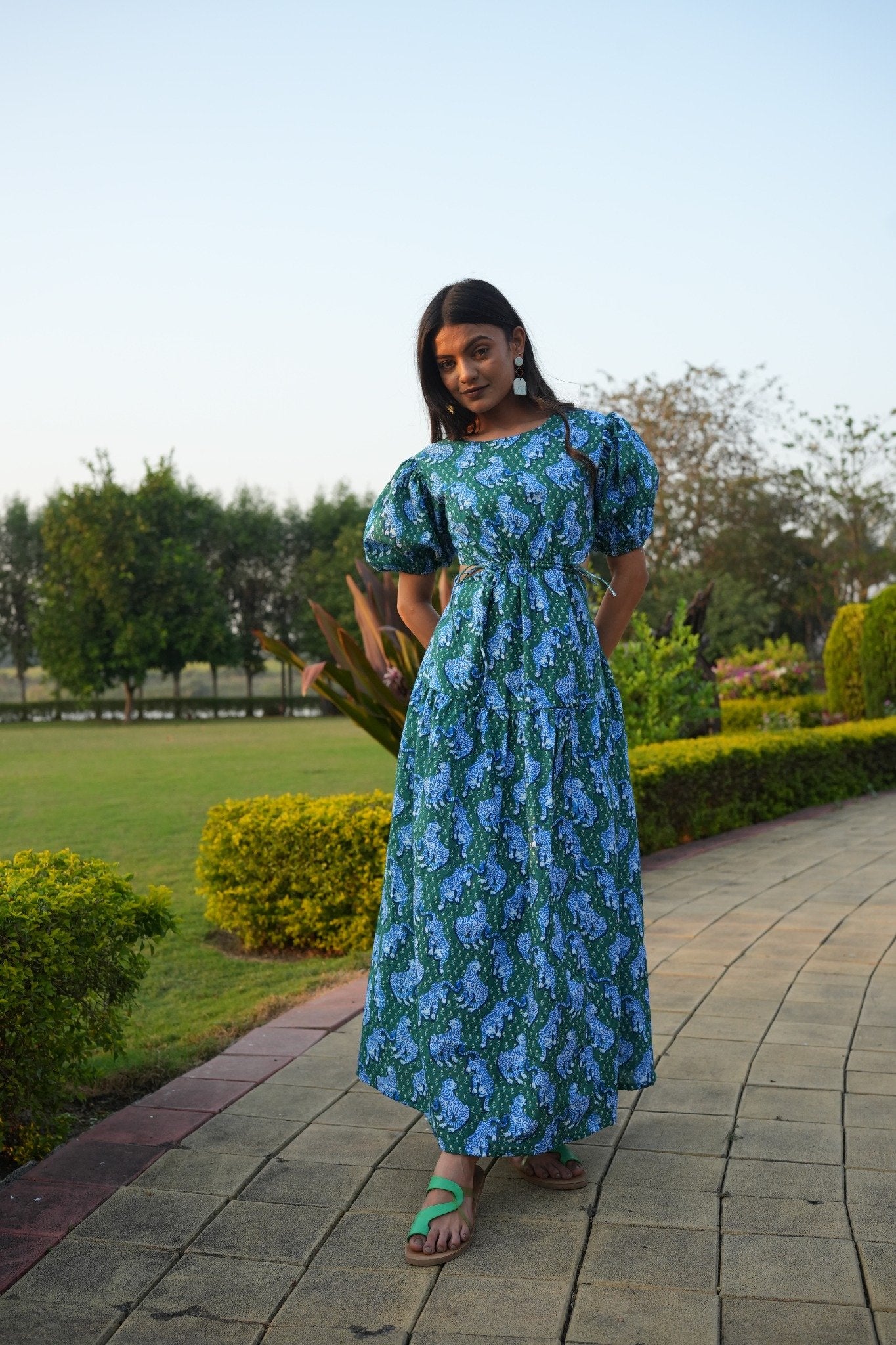 Green Tiger Print Muslin Flared Maxi Dress